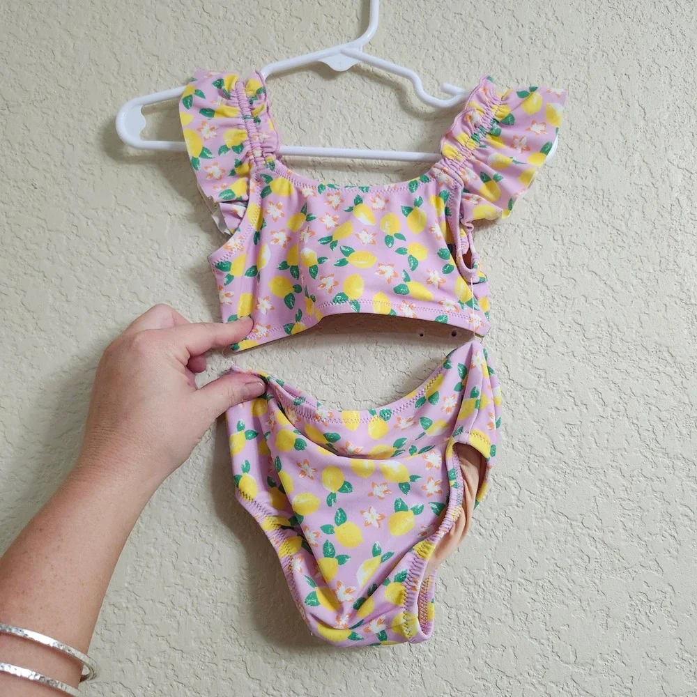 Crewcuts Girls Pink Lemon‎ Print Ruffle 2-Piece Bikini Swimsuit BX178 Size 2